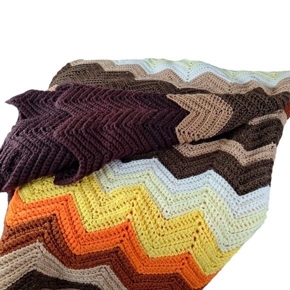 Handmade Afghan Blanket Orange Brown Fall Knit Crochet About 50 x 100 Inches - Picture 5 of 9